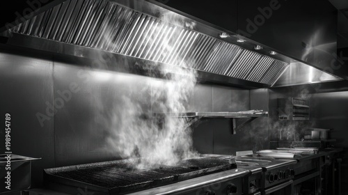Commercial kitchen ventilation hood above a grill in a restaurant setting with steam and smoke emission