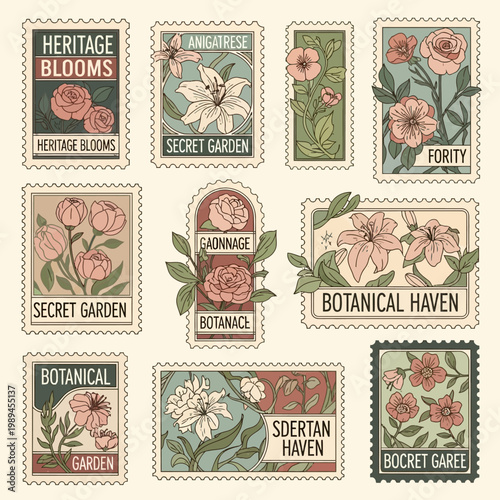 Collection of Vintage Botanical Postage Stamps with Floral Designs.