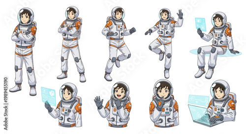 Collection of Astronaut Characters in Various Poses and Actions.