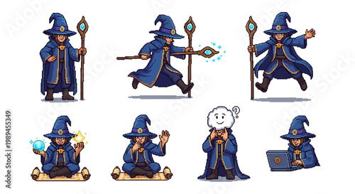 Collection of Diverse Wizard Characters in Pixel Art Style.