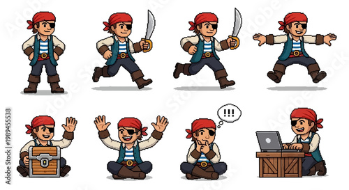 Pixel Art Pirate Character Set With Multiple Poses.