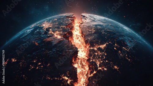 Global catastrophe visual, Earth split by massive flaming fissures, realistic space photography style, 8K