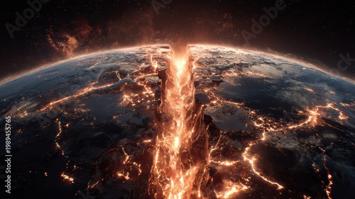 Global catastrophe visual, Earth split by massive flaming fissures, realistic space photography style, 8K