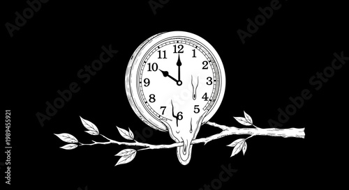 Surreal melting clock illustration on a tree branch, symbolizing distorted time, pressure, or transience in black and white.