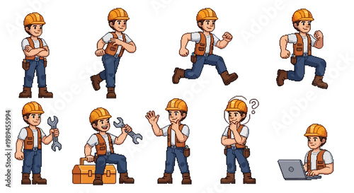 Construction Worker Character Set Diverse Poses.