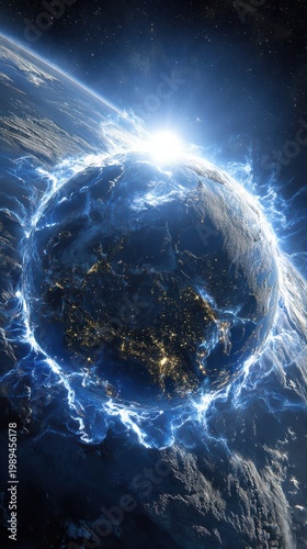 Earth with glowing white energy emitting from its cracks in deep space, celestial power, hyper-realistic space photography 