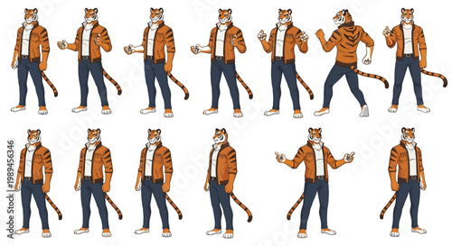 Anthropomorphic Tiger Character Poses Collection.