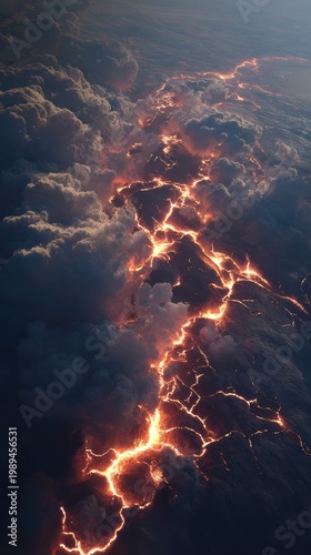 Magma Veins: A close-up vertical view of the Earth's surface cracking in orbit with glowing orange lava veins, smoke and ash rising into the stratosphere