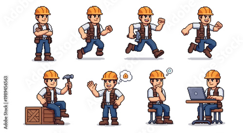 Pixel Art Construction Worker Character Set.