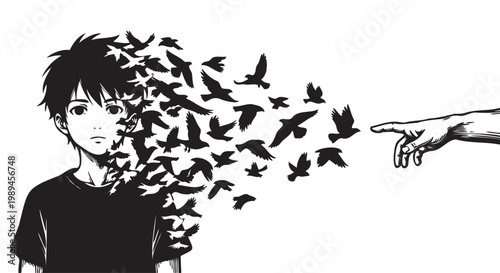 Принти на полотні Black and white illustration, birds escaping from mind, mental freedom concept,