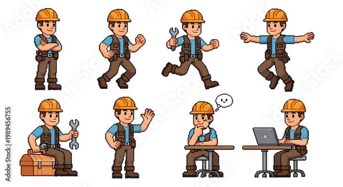 Construction Worker Character Set Diverse Poses.