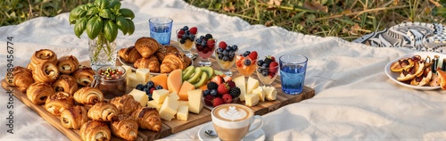 Picnic board with pastries, cheese and fruit on blanket