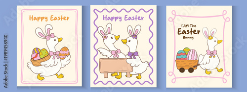 Happy Easter. Spring holiday greeting card collection. Cute pastel silly easter goose bunny ear seamless pattern cartoon cottage spring hand drawn style.