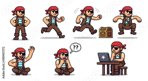 Pixel Art Pirate Character Set With Multiple Poses.