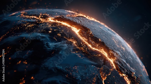 Planet Earth apocalypse concept, glowing fire lines across fractures, subtle destruction, realistic 8K 