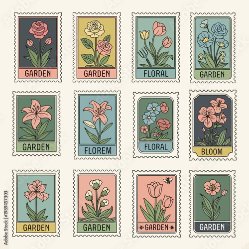 Canvastavla Collection of Twelve Vintage Floral Postage Stamps.