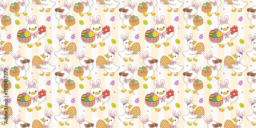 Happy Easter. Spring holiday greeting card collection. Cute pastel silly easter goose bunny ear seamless pattern cartoon cottage spring hand drawn style.