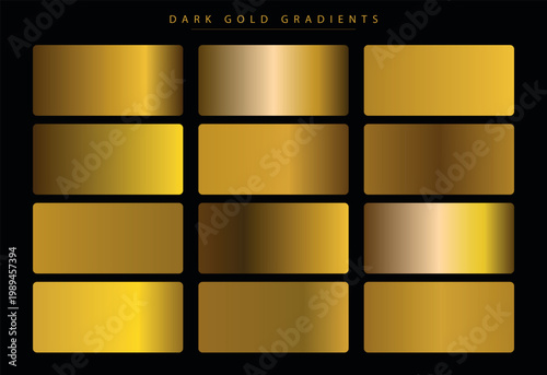 Dark Gold Metal Gradients Set Displaying Metallic Textures in Various Tones for Luxury Designs & Interfaces Featuring Shimmering Effects & Rich Colors on Black Background Ideal For Business Cards and