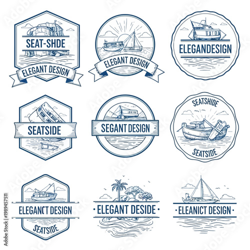 Collection of Vintage Nautical Boat and Seaside Design Emblems.