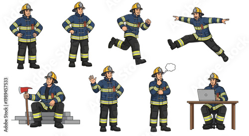 Collection of Firefighter Poses and Actions.