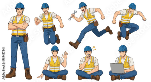 Construction Worker Character Set Diverse Poses.