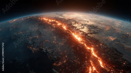 Planet Earth apocalypse scene, glowing lava cracks visible from space, dramatic lighting, ultra-detailed realistic 8K