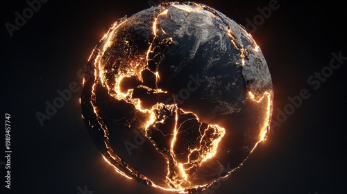 Planet Earth cracking open slowly, internal flames glowing through fractures, realistic apocalypse, 8K