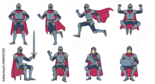 Collection of Knight Poses in Armor and Red Cape.