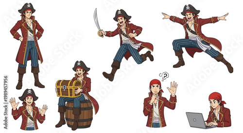 Pirate Character Set Diverse Poses and Actions.
