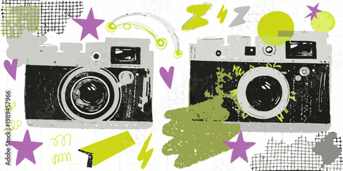 Hand drawn illustration featuring vintage cameras and colorful abstract shapes