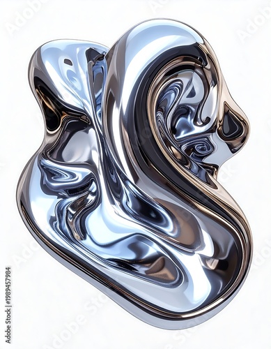Abstract Liquid Chrome 3d Fluid Shape Metallic Organic Form With Glossy Reflection Isolated On White Background High Quality Modern Digital Render
