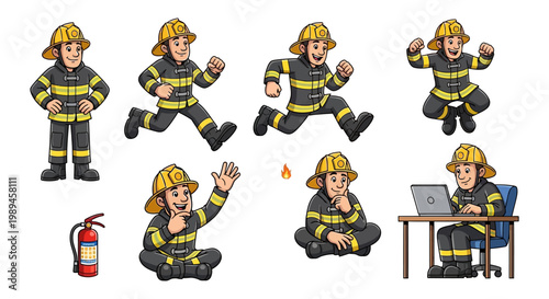 Set of cartoon firefighter characters in various poses.