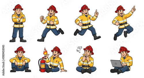 Set of cartoon firefighters in various poses and actions.