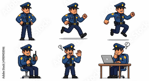 Pixel Art Police Officer Character Set.