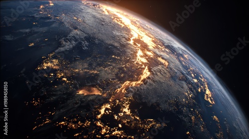 Planet Earth from orbit, surface breaking apart with fiery cracks, molten lava and flames visible, dark space background, realistic 8K 
