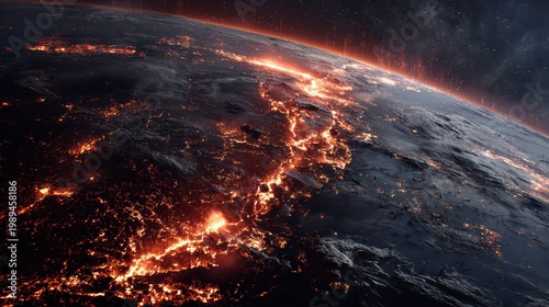 Planet Earth from orbit, surface breaking apart with fiery cracks, molten lava and flames visible, dark space background, realistic 8K 