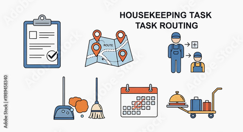 Housekeeping staff routing tasks with cleaning tools and schedule