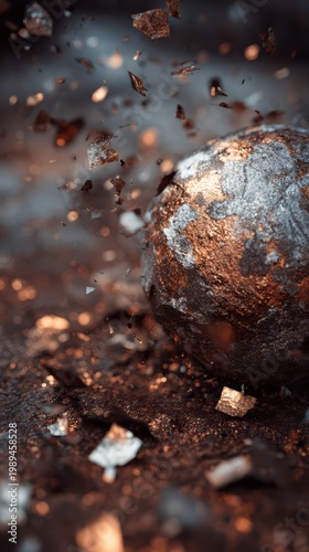 Rust and Decay: A dying, rusted Earth breaking into metallic flakes in the void, apocalyptic aesthetic, dark moody lighting