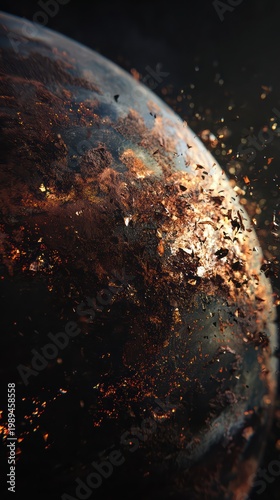 Rust and Decay: A dying, rusted Earth breaking into metallic flakes in the void, apocalyptic aesthetic, dark moody lighting