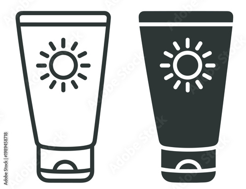 sunscreen tube icon set, outline and solid cosmetic cream container with sun symbol, skincare product illustration isolated on transparent background