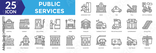 Waste management icon collection set. Containing Emergency Exit, Bank, Taxi, Toll, Bicycle Parking, Hospital, Subway, Gas Station, Atm, Restroom icon