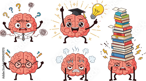 Funny Brain Character Emotion Set with Confused, Genius, Stressed, Overloaded, and Smart Poses for Education and Mental Health Designs