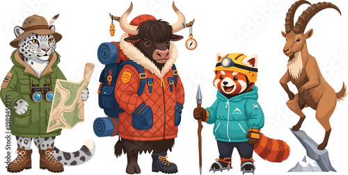 Cute Himalayan Animal Explorer Set with Snow Leopard, Yak, Red Panda, and Mountain Goat in Adventure Gear for Wildlife and Travel Designs