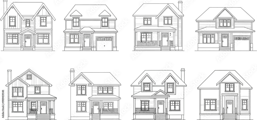 Obraz premium Architectural sketches showing multiple suburban family home designs with varied roof structures and window placements presented in a simple black and white line art style for building projects.