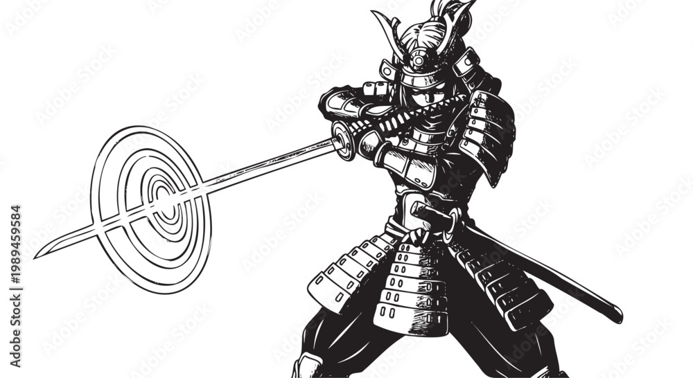 Fototapeta premium Samurai warrior, Japanese armor, black and white vector, sword and shield, medieval knight