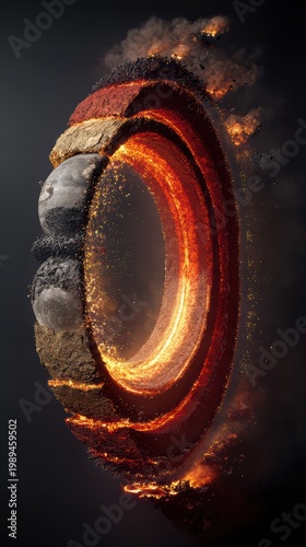 Volcanic Ring: A vertical view of the equator turned into a continuous ring of erupting volcanoes as the planet splits in space 