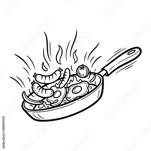 Sketch of sizzling shrimp and vegetables in a frying pan