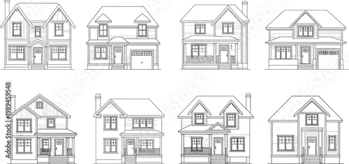 Architectural sketches showing multiple suburban family home designs with varied roof structures and window placements presented in a simple black and white line art style for building projects.
