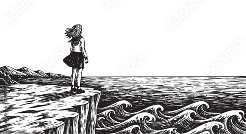 Lonely girl, standing alone, on cliff edge, looking out at sea, black and white vector illustration