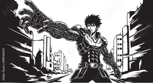 Anime superhero, muscular man, city background, comic book style, monochrome illustration